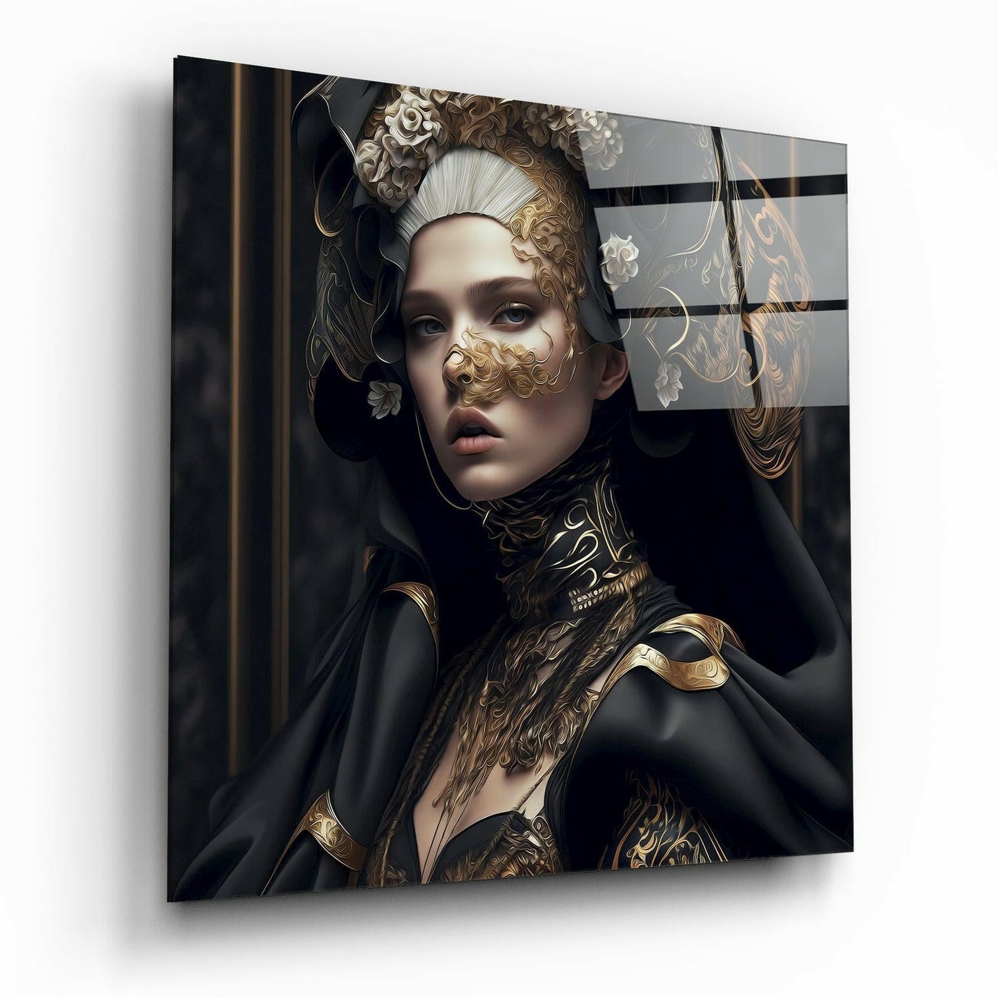 Black Cloak Gold Baroque Woman Glass Wall Art