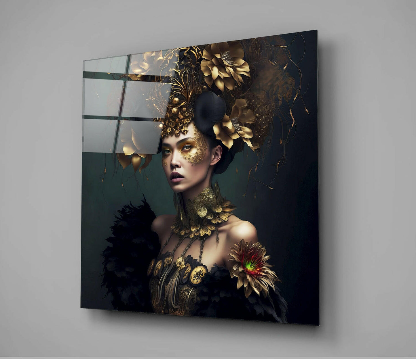 Gold Horned Headdress Emerald Lady Glass Wall Art
