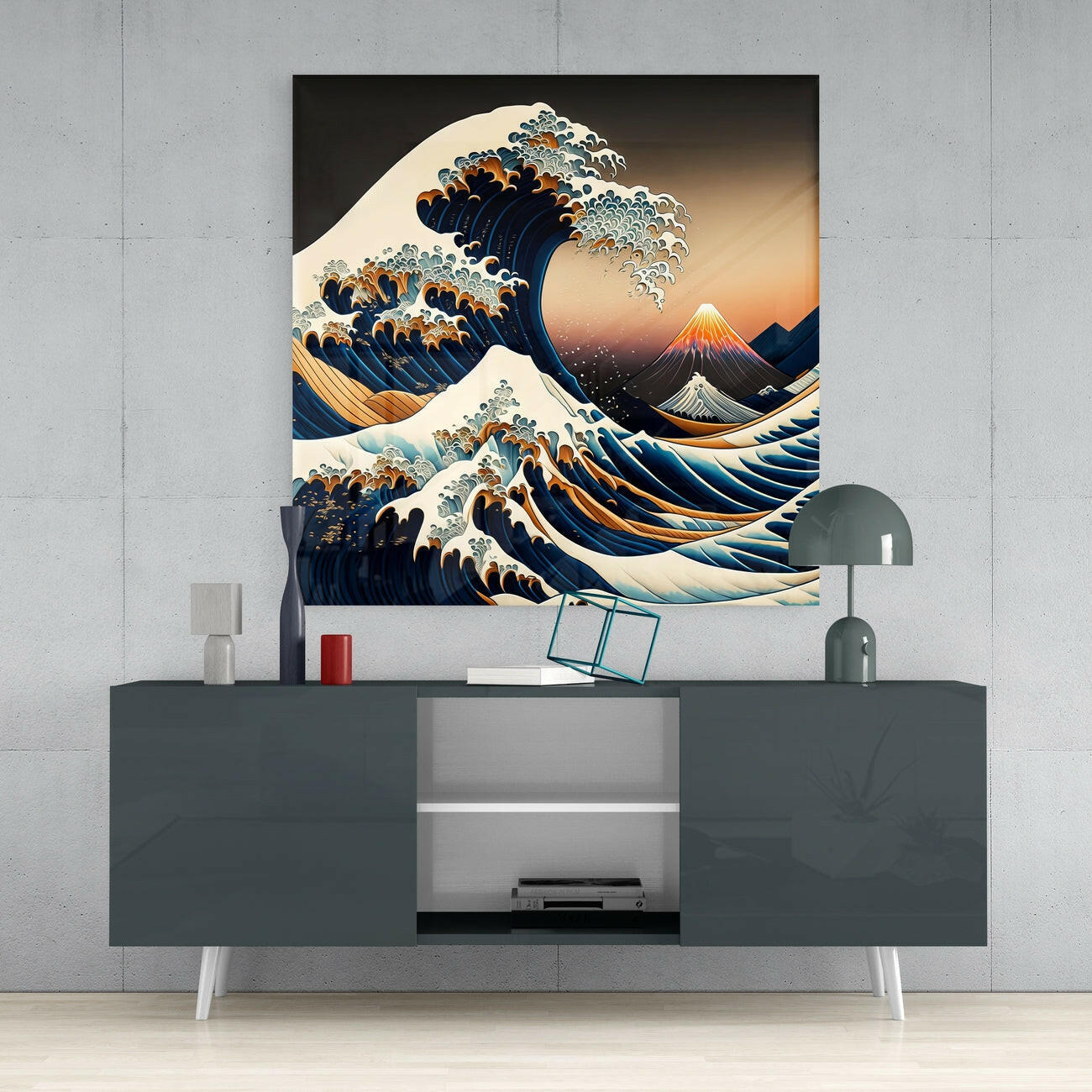 Modern living room with gray media console displaying framed glass art print of Japanese wave design with Mount Fuji and sunset colors.
