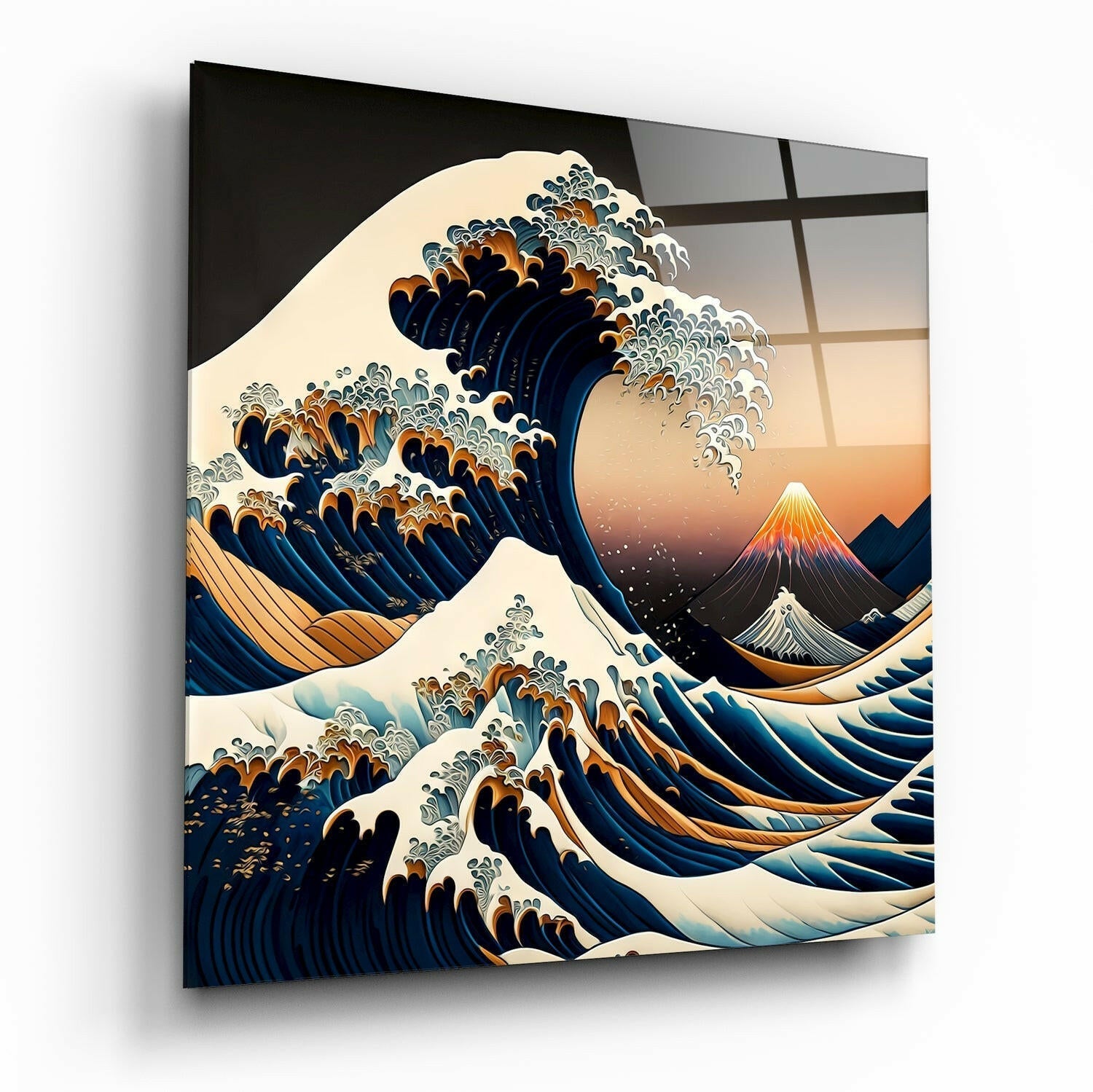 Angled perspective of glass wall art featuring stylized ocean waves with cream foam, deep blue water, and Mount Fuji at sunset, displayed on windowpane background.