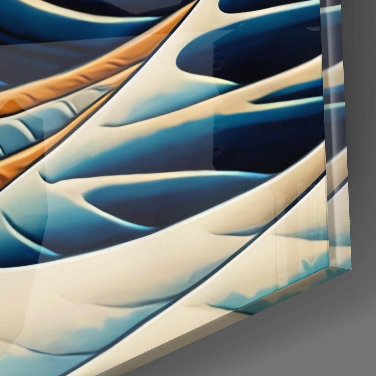 Close-up side view of layered glass wall art with cream, blue, and orange wavy sculptural forms stacked together.