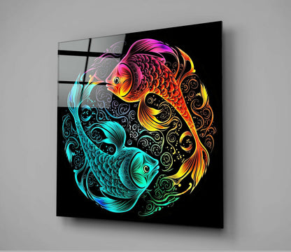 Neon Koi Fish Circle Yin Yang Glass Wall Art