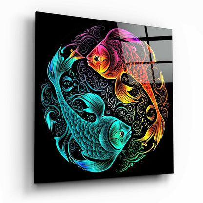 Neon Koi Fish Circle Yin Yang Glass Wall Art