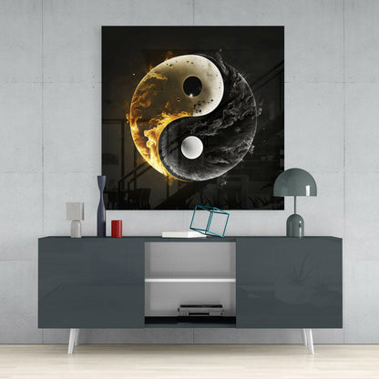 Golden Flame And Smoke Yin Yang Glass Wall Art