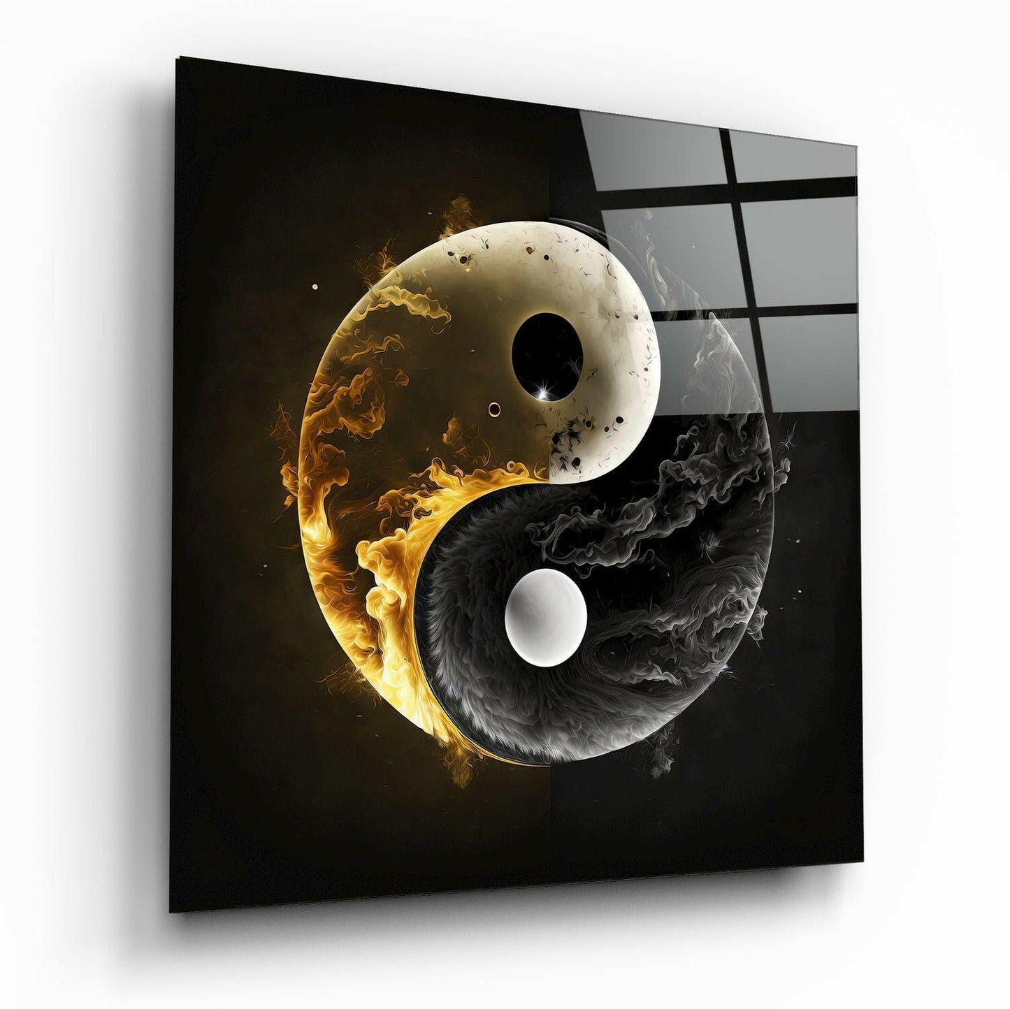 Golden Flame And Smoke Yin Yang Glass Wall Art