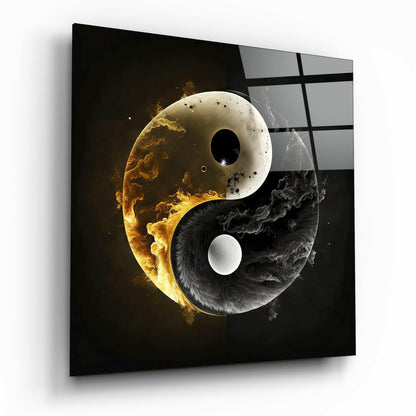 Golden Flame And Smoke Yin Yang Glass Wall Art