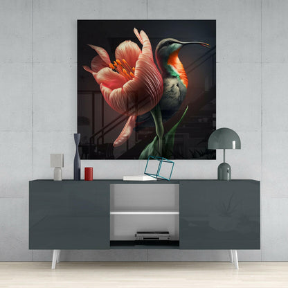 Square glass wall art featuring a red parrot perched on a coral tulip against dark background, displayed above gray media console.