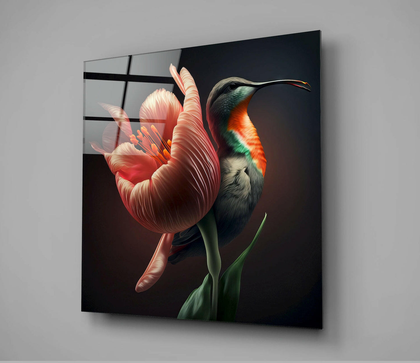 Angled view of glass wall art featuring a hummingbird beside a red tulip on dark background with black grid overlay.