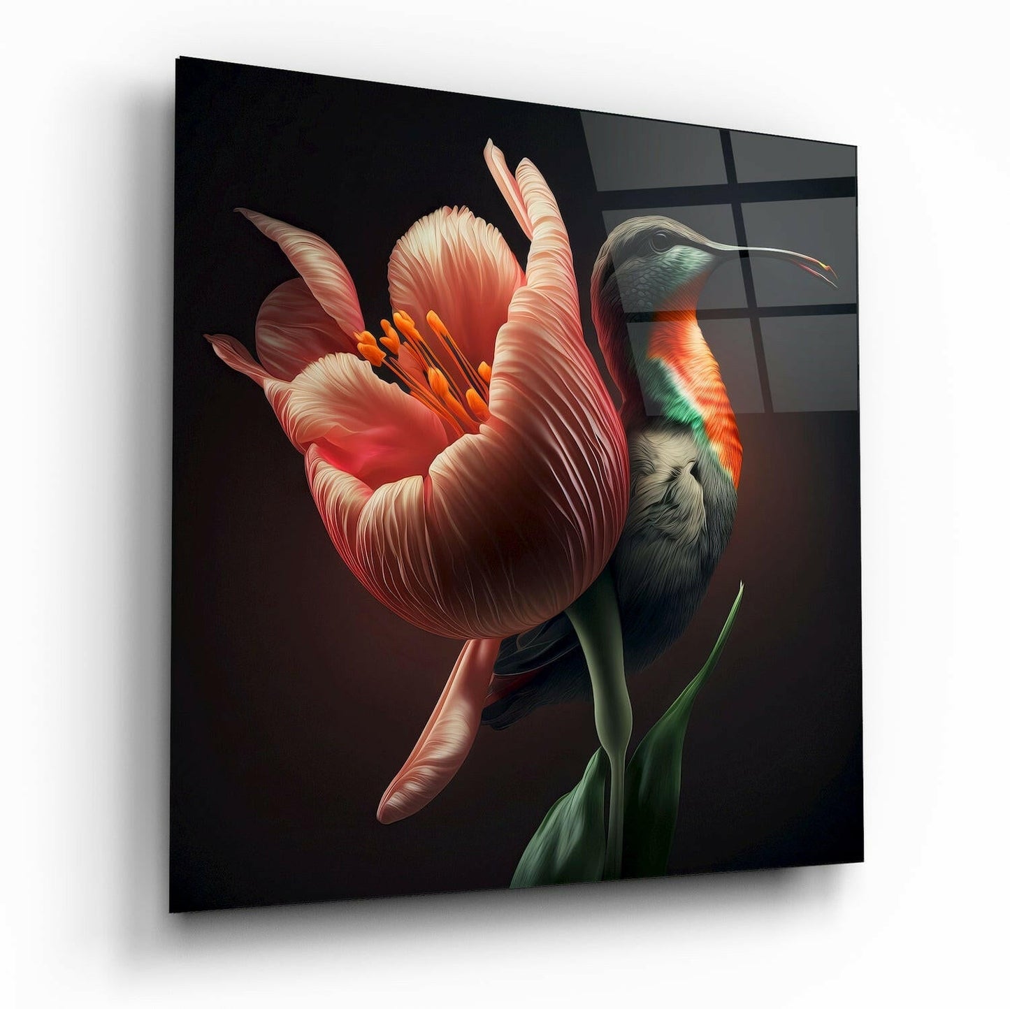 Angled perspective of glass wall art featuring a red parrot perched on a large red and cream striped tulip against dark background.