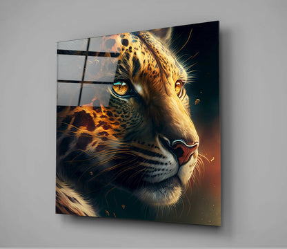 Golden Leopard Profile Ember Glow Glass Wall Art