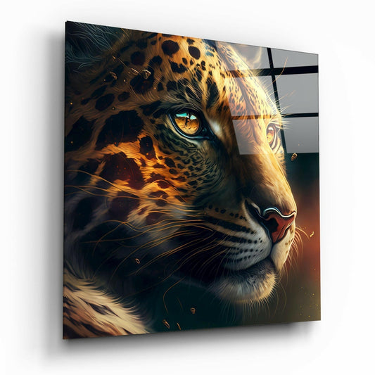 Close-up side profile of a golden leopard with amber eyes and dark spots on frosted glass panel with black grid lines.