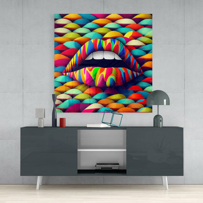 Colorful glass wall art featuring vibrant rainbow striped lips displayed above a dark gray media console in a modern interior setting.