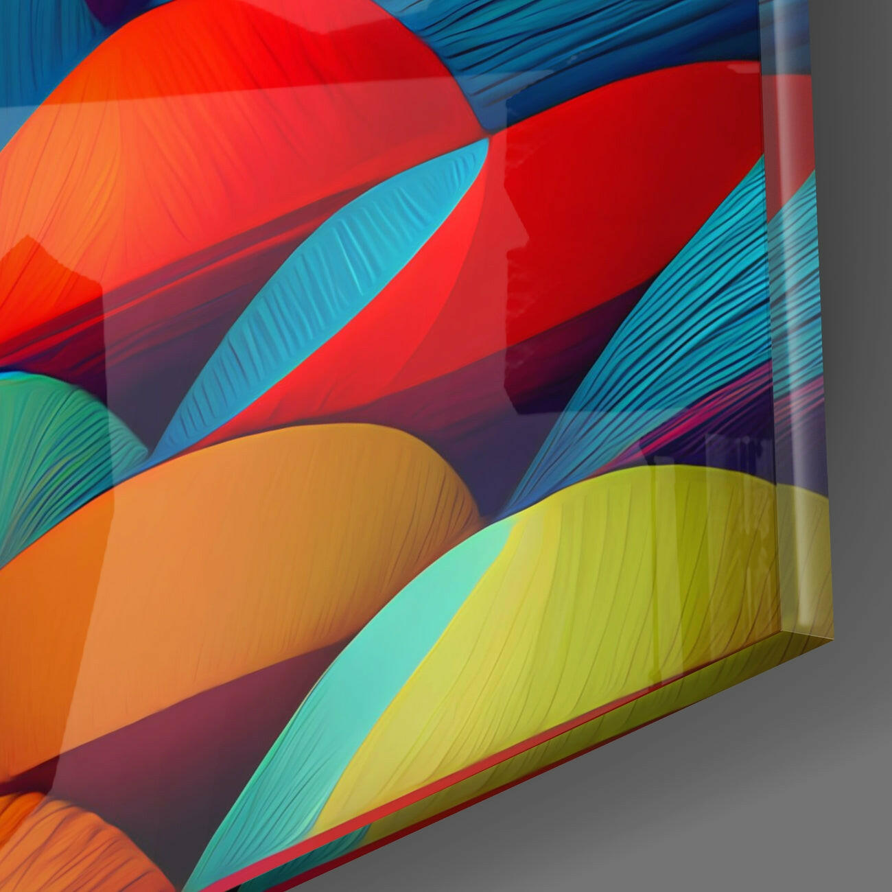 Colorful layered glass wall art with red, orange, yellow, cyan, and teal curved sections creating an abstract three-dimensional composition.