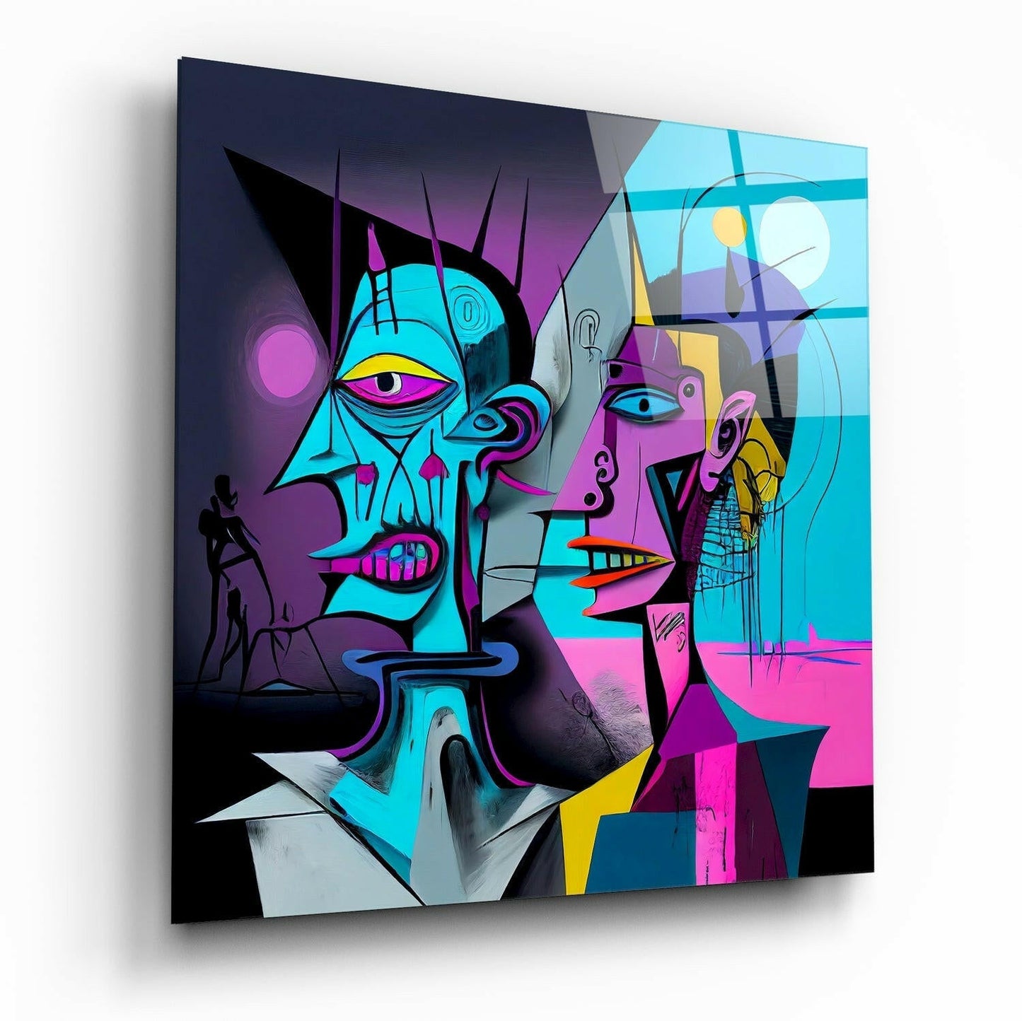 Neon Cubist Twin Faces Glass Wall Art