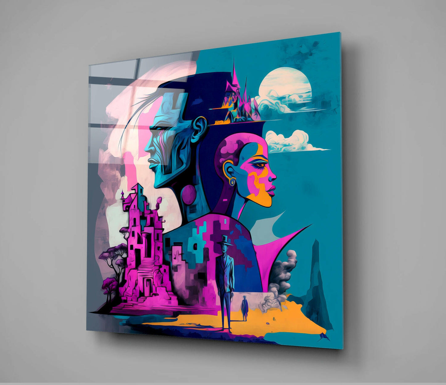 Cubist Profiles Pink Ruins Glass Wall Art