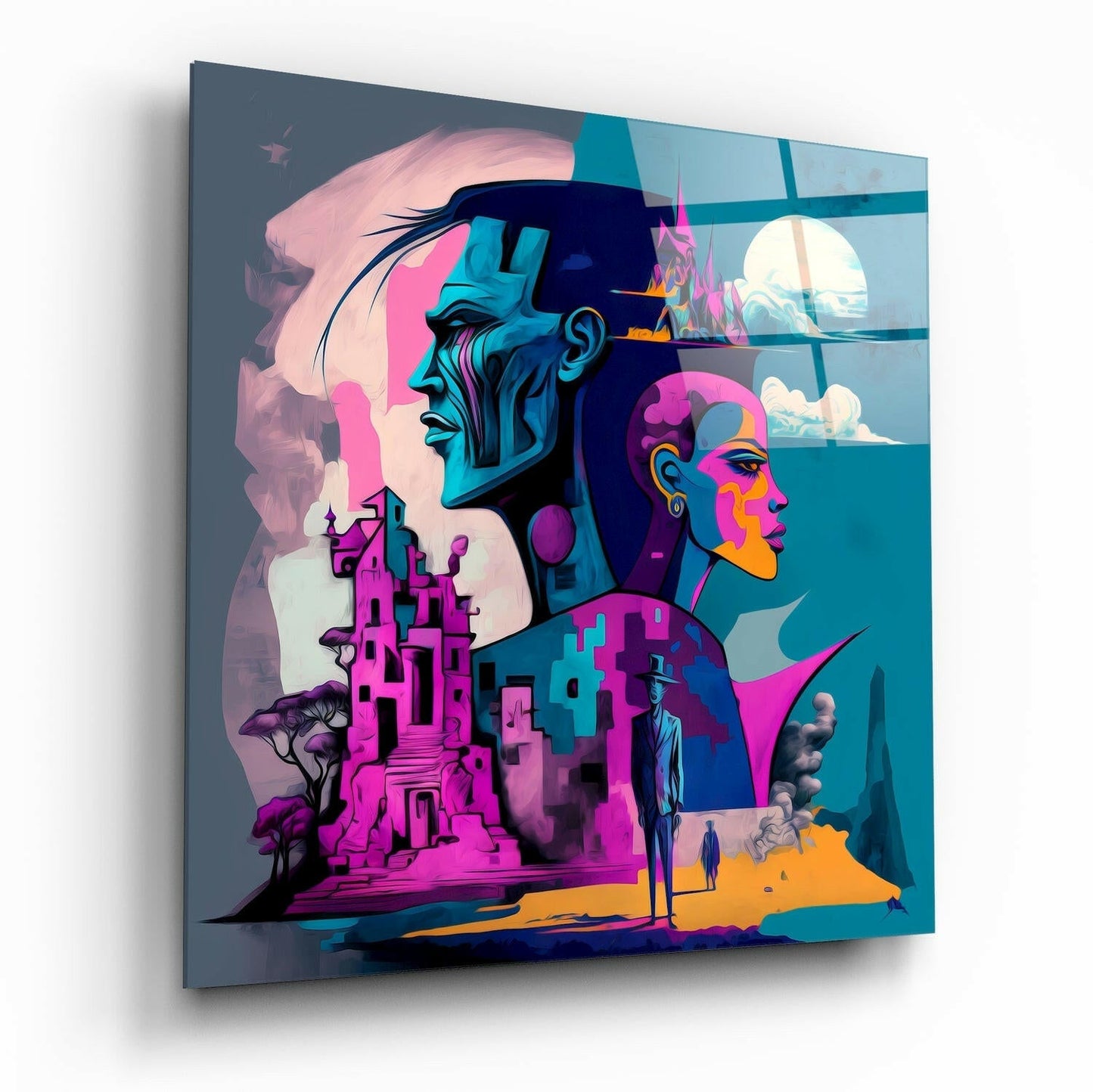 Cubist Profiles Pink Ruins Glass Wall Art