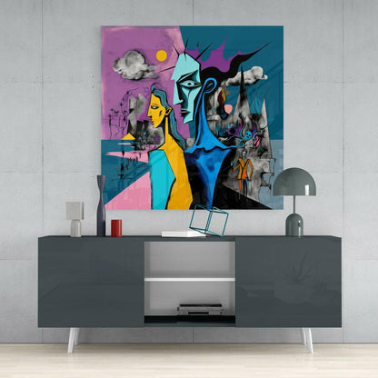 Yellow Woman Cubist Faces Glass Wall Art