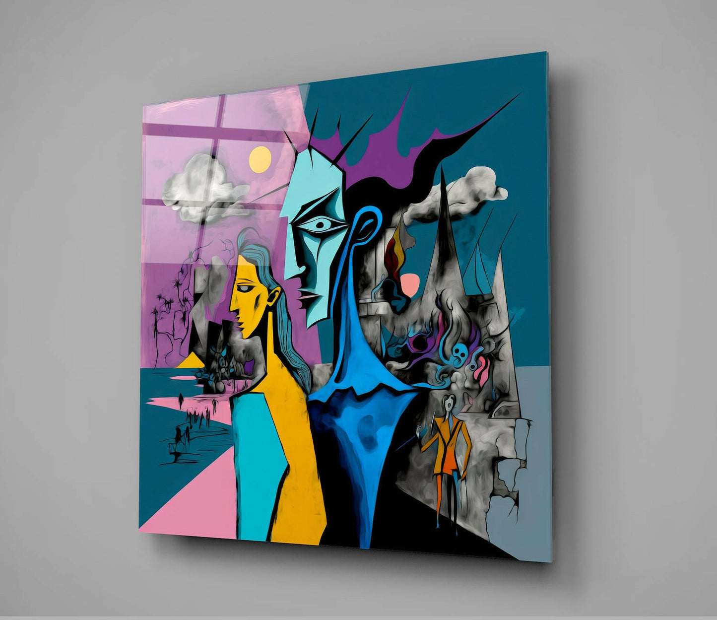 Yellow Woman Cubist Faces Glass Wall Art