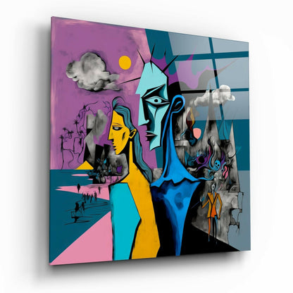 Yellow Woman Cubist Faces Glass Wall Art