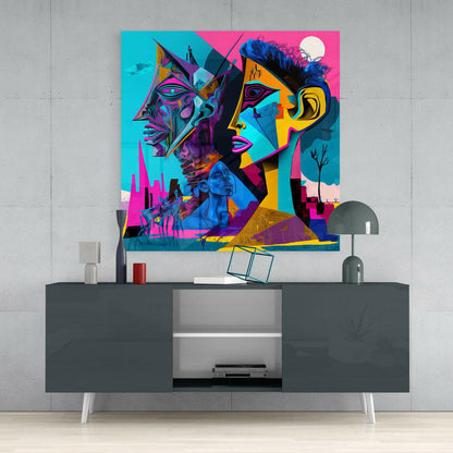 Masked Cubist Faces Cityscape Glass Wall Art