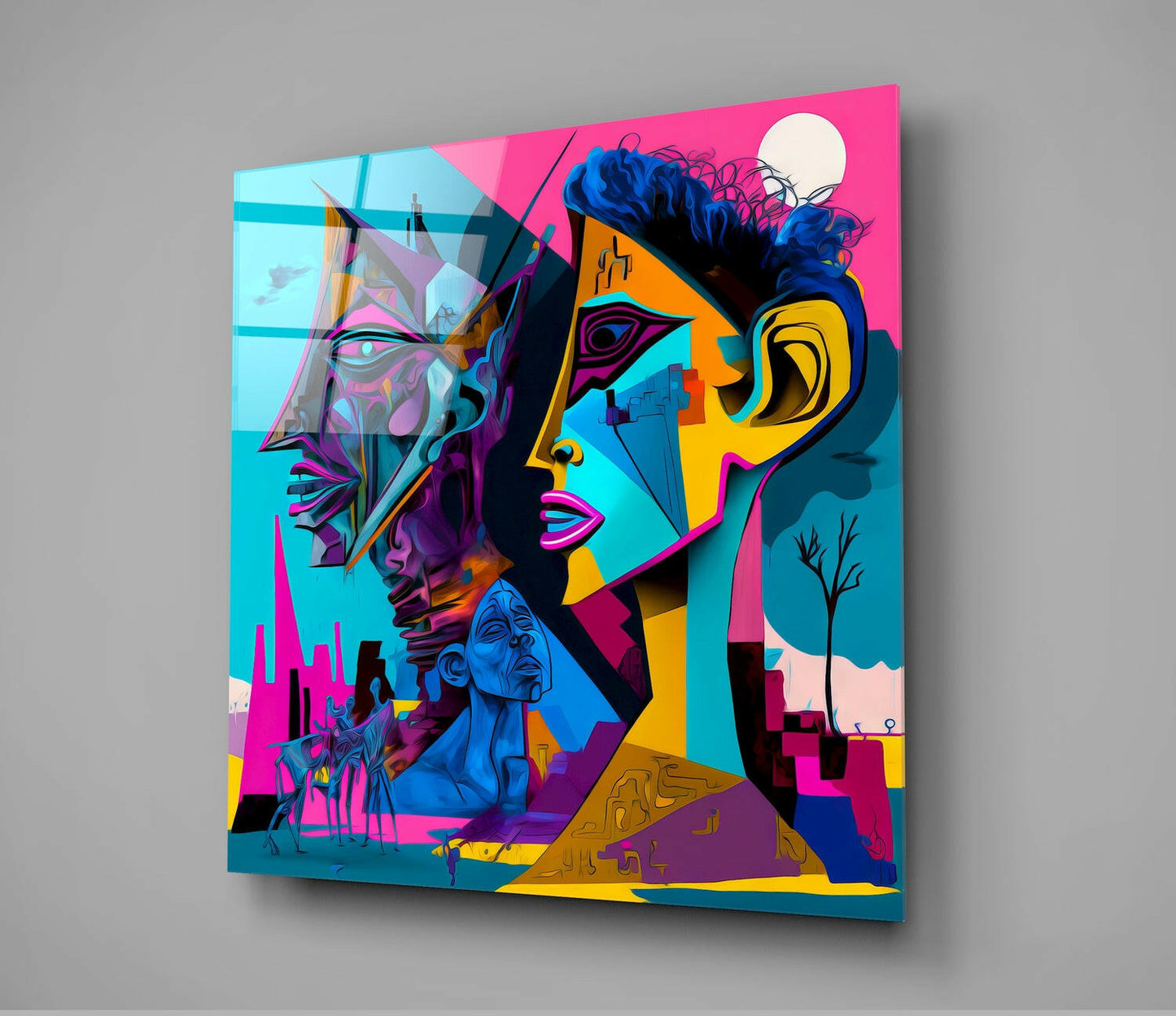 Masked Cubist Faces Cityscape Glass Wall Art