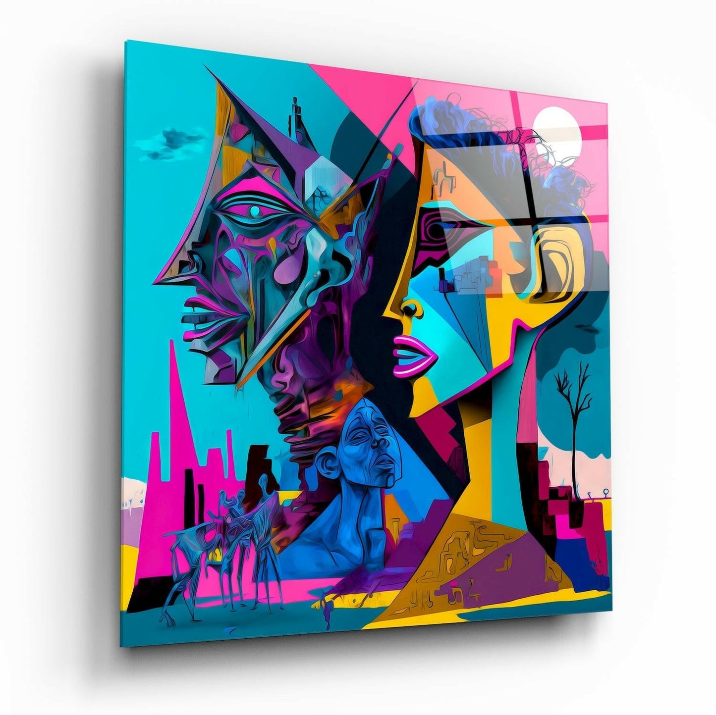 Masked Cubist Faces Cityscape Glass Wall Art