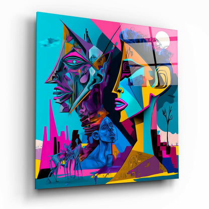 Masked Cubist Faces Cityscape Glass Wall Art