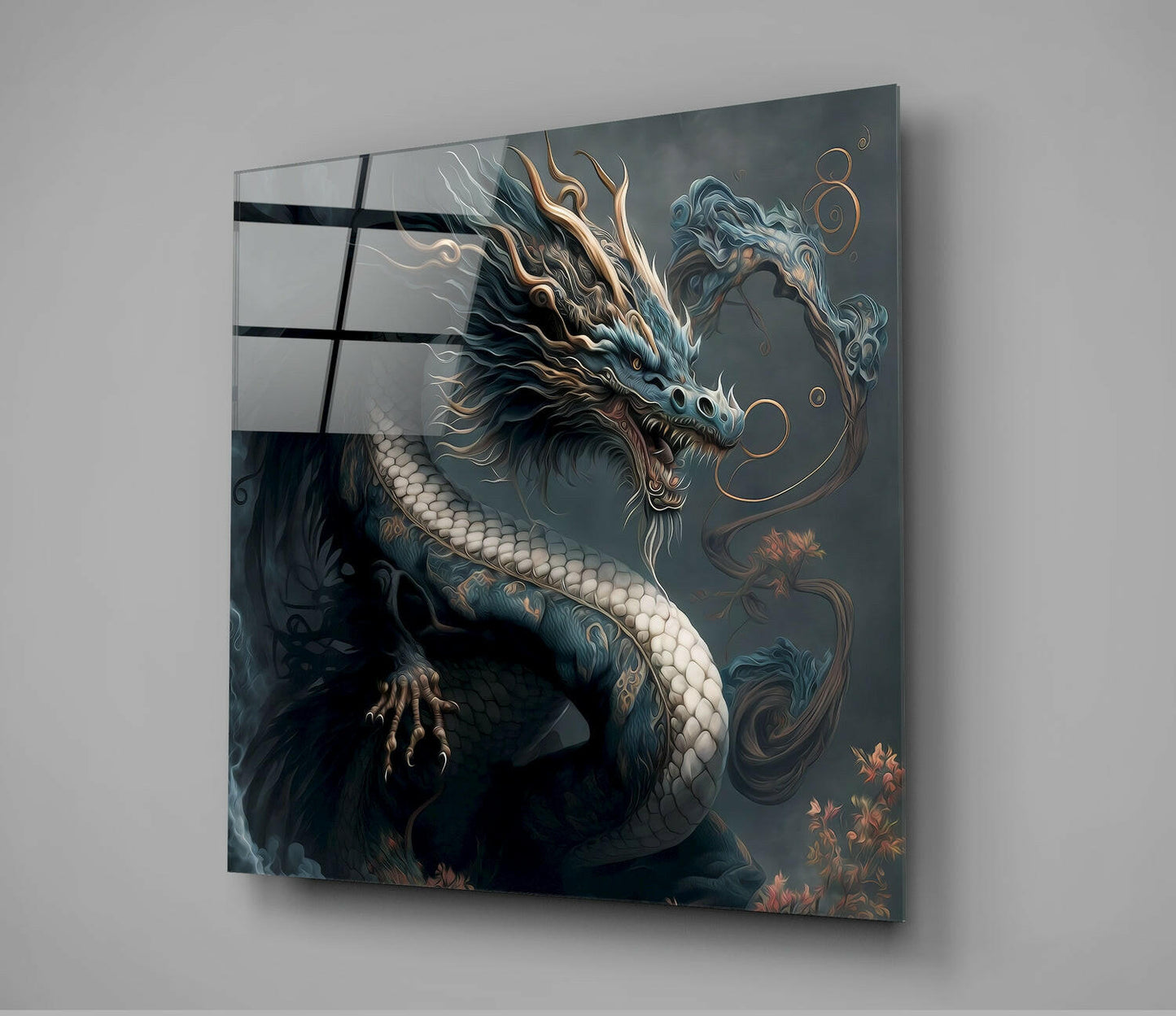Dark Oriental Dragon Gold Whiskers Glass Wall Art