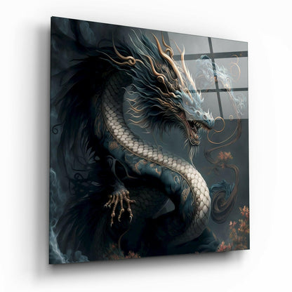 Dark Oriental Dragon Gold Whiskers Glass Wall Art