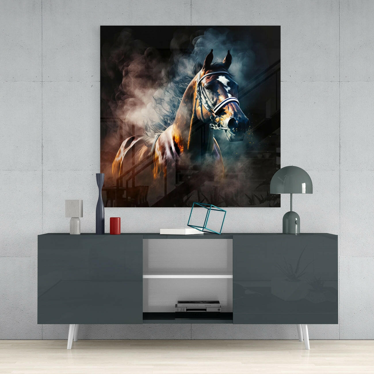 Horse glass wall art mounted above a dark console table in a modern interior, depicting a brown horse with white blaze in atmospheric golden and blue tones.