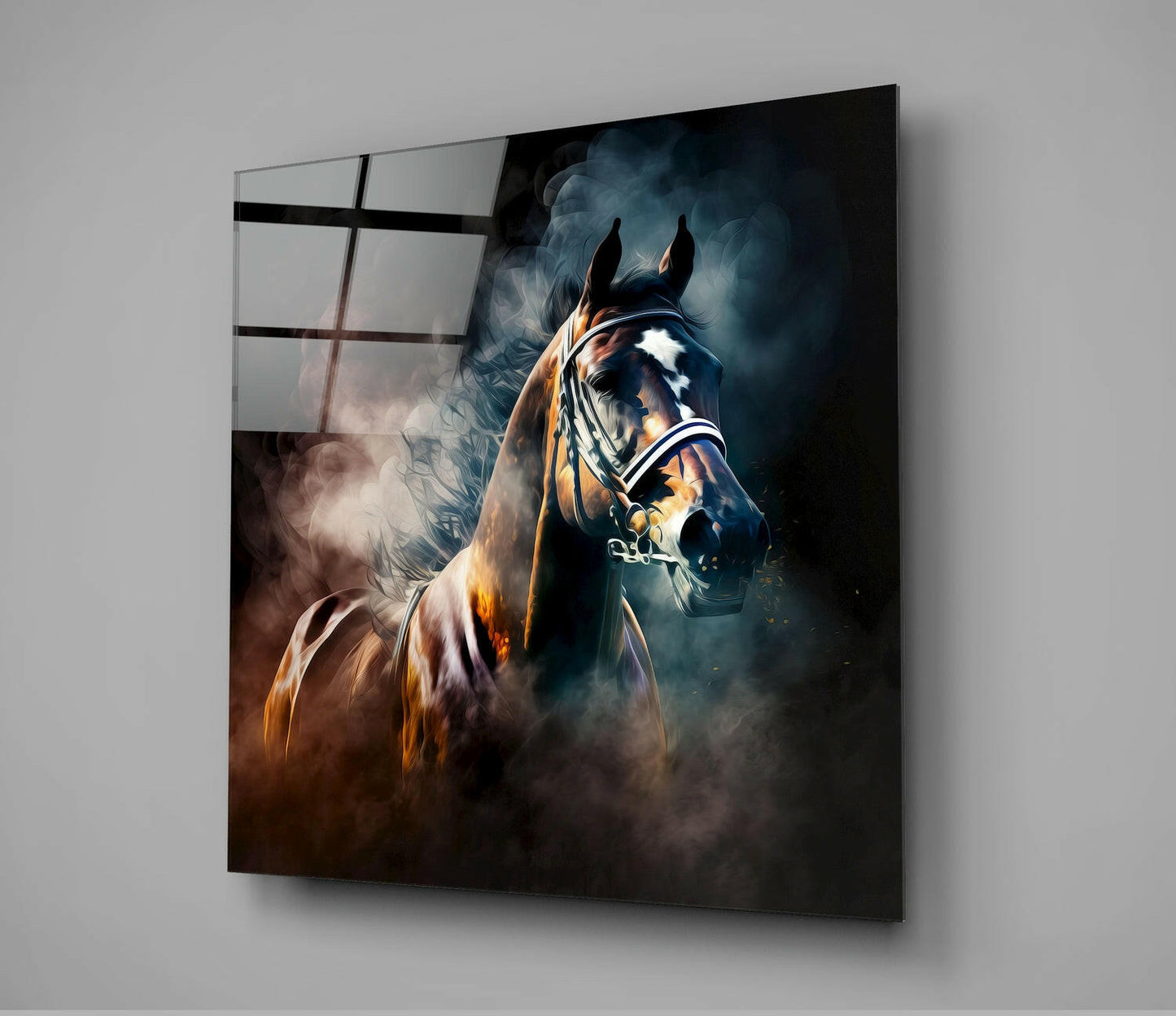 Angled view of glass wall art depicting a brown horse with white blaze wearing halter against stormy dark background.