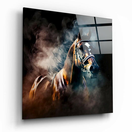 Angled view of glass wall art depicting a brown horse's head emerging from swirling smoke against a gridded window background.