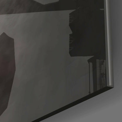 Close-up angle showing black silhouette of horse head on frosted glass panel with black frame edge visible.