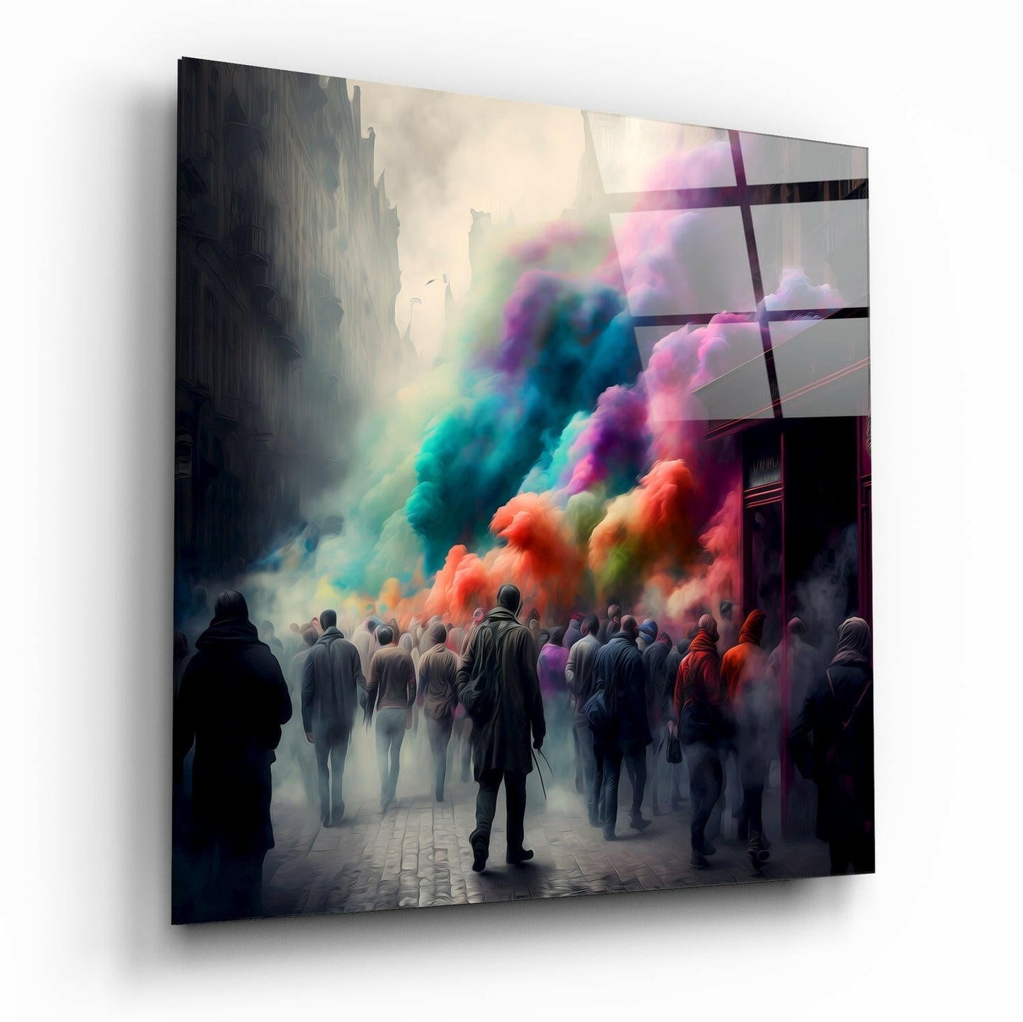 Glass wall art panel displaying silhouetted figures in urban street engulfed by vibrant rainbow-colored powder clouds.