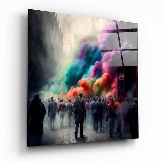 Glass wall art panel displaying silhouetted figures in urban street engulfed by vibrant rainbow-colored powder clouds.