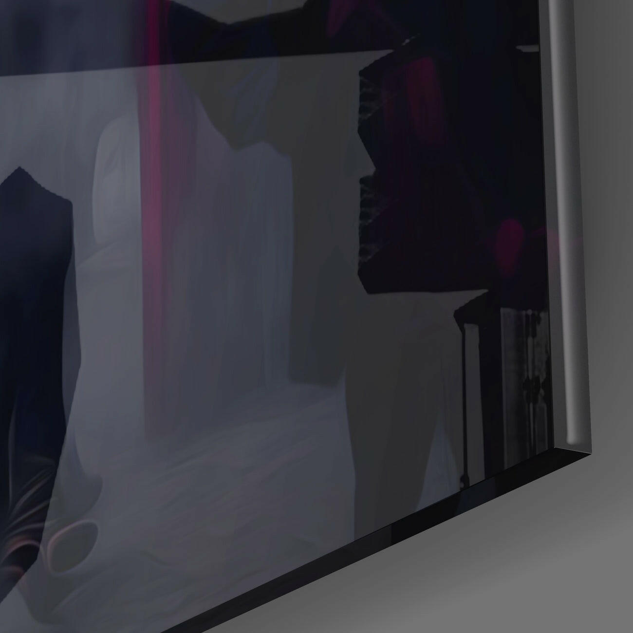 Side angled view of frosted glass wall art panel showing silhouetted figures in dark tones against translucent white glass.