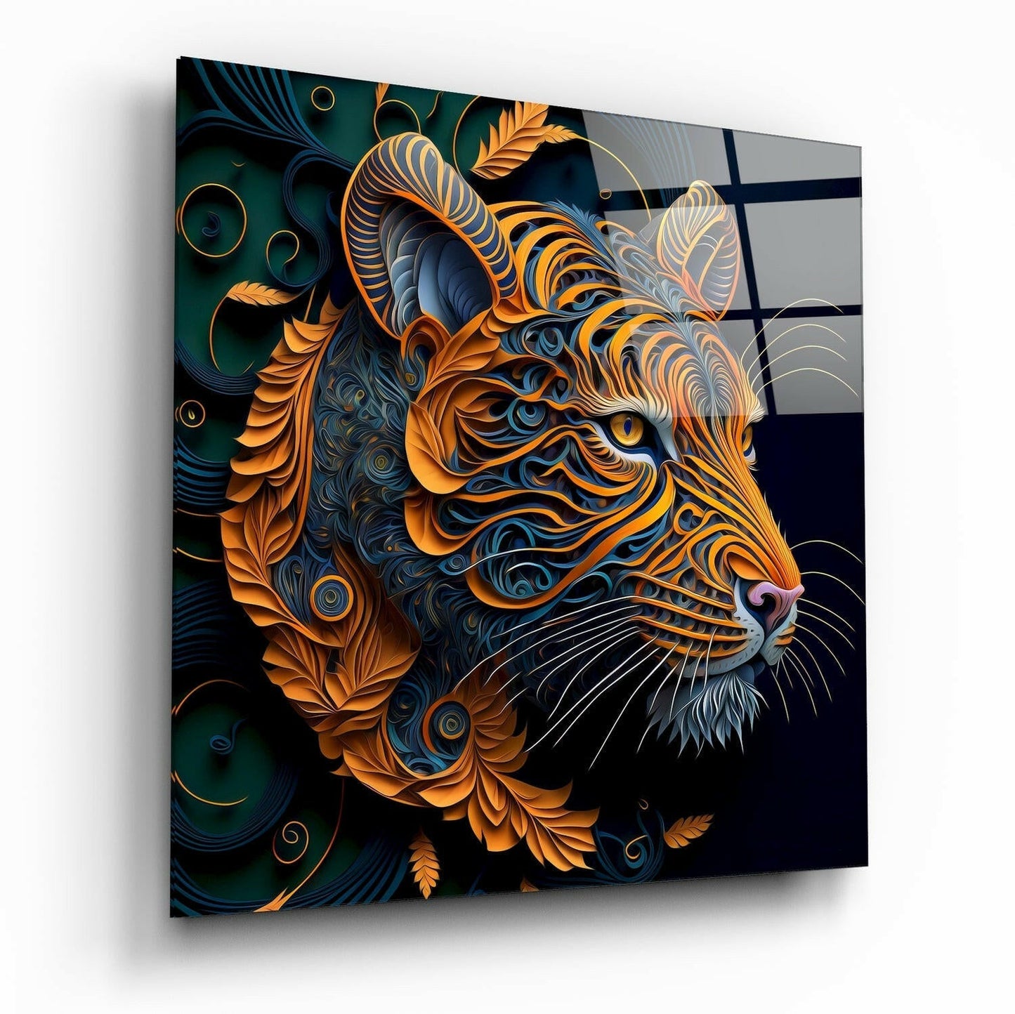 Angled perspective view of glass wall art featuring an ornate tiger head in gold and blue layered paper-cut style against dark background.