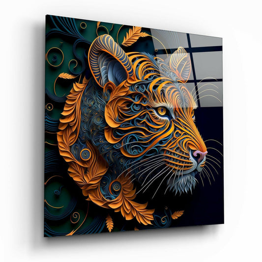 Angled perspective view of glass wall art featuring an ornate tiger head in gold and blue layered paper-cut style against dark background.