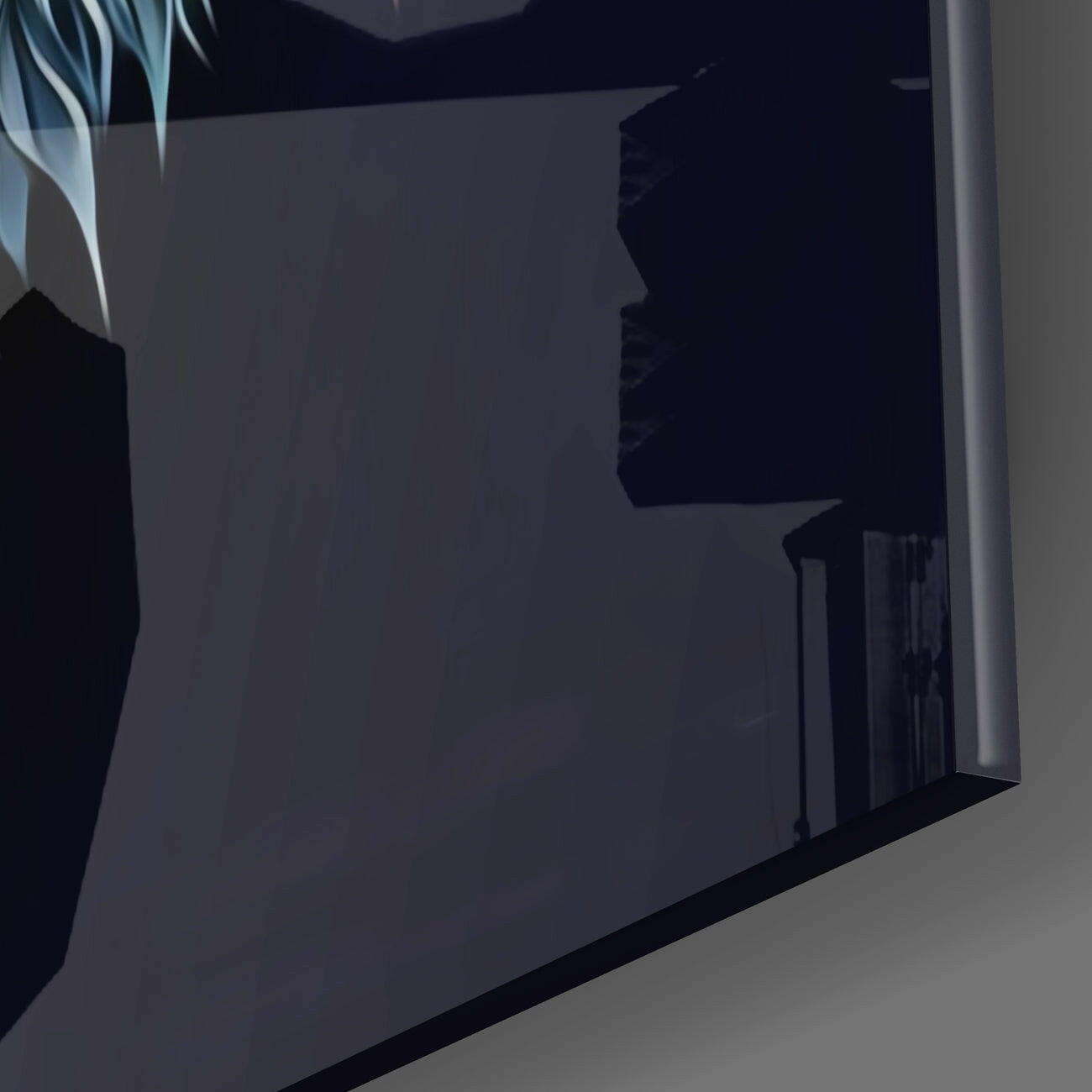 Close-up angled view of black glass wall art panel showing silhouetted tiger profile against gray background.