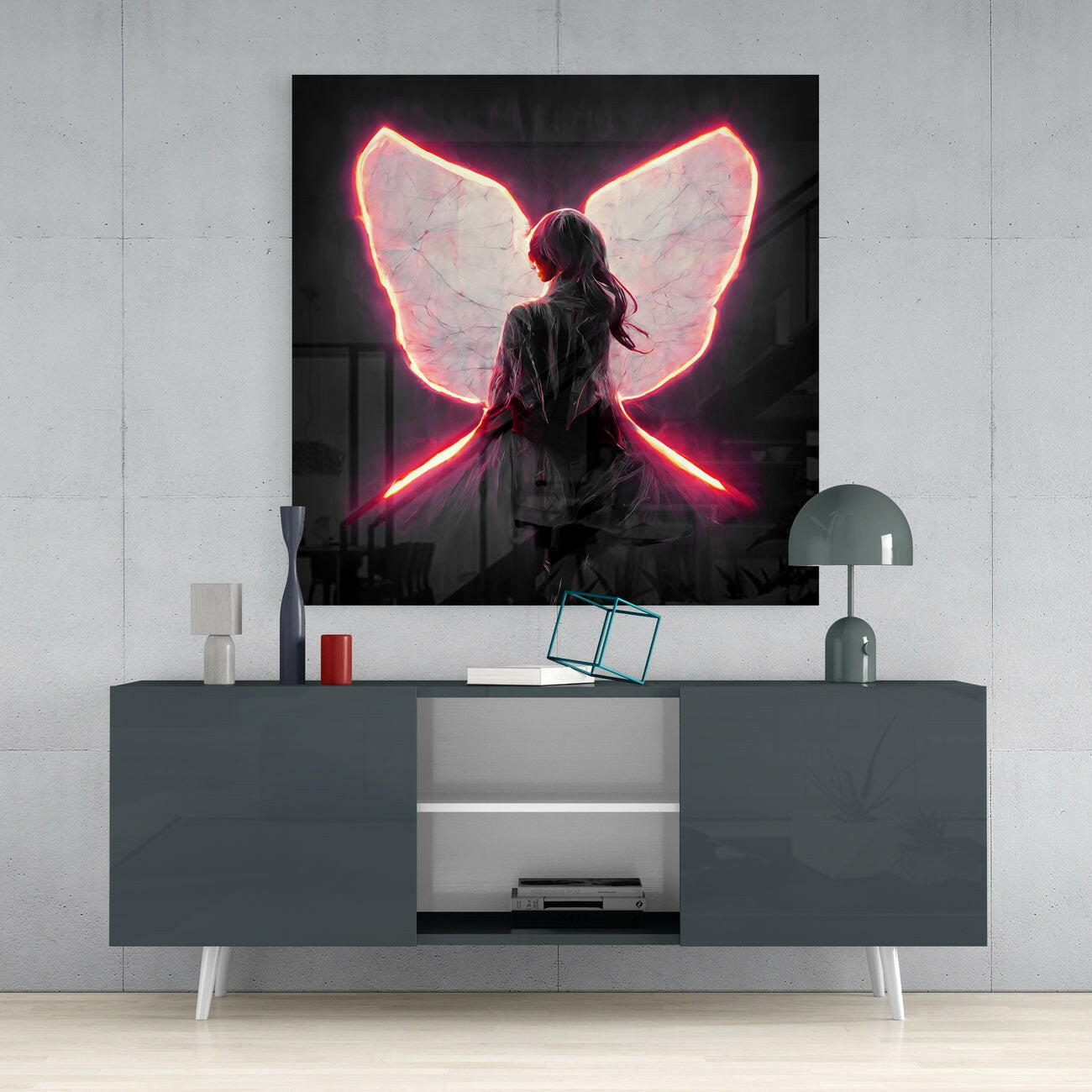 Glowing Red Neon Wings Girl Glass Wall Art