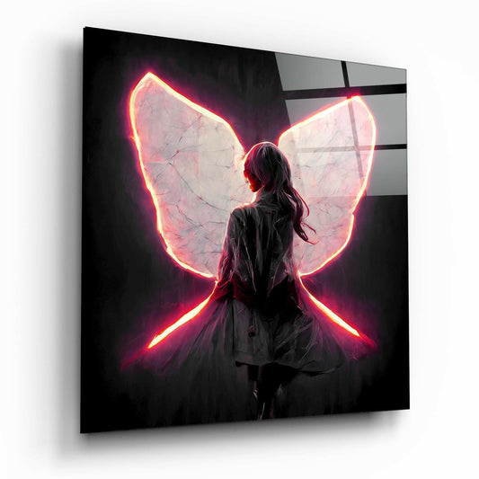 Woman with long dark hair viewed from behind wearing black jacket, illuminated by glowing neon pink butterfly wings on glass panel.