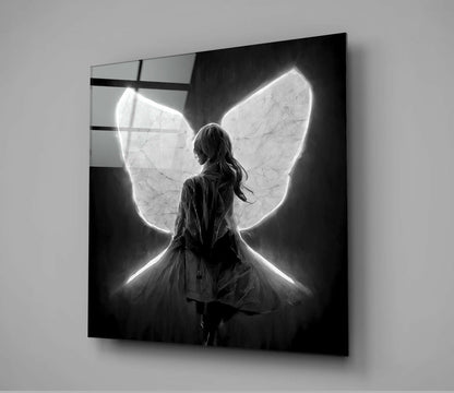 Glowing White Neon Wings Girl Glass Wall Art
