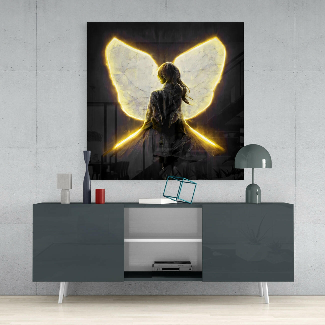 Glowing Yellow Neon Wings Girl Glass Wall Art
