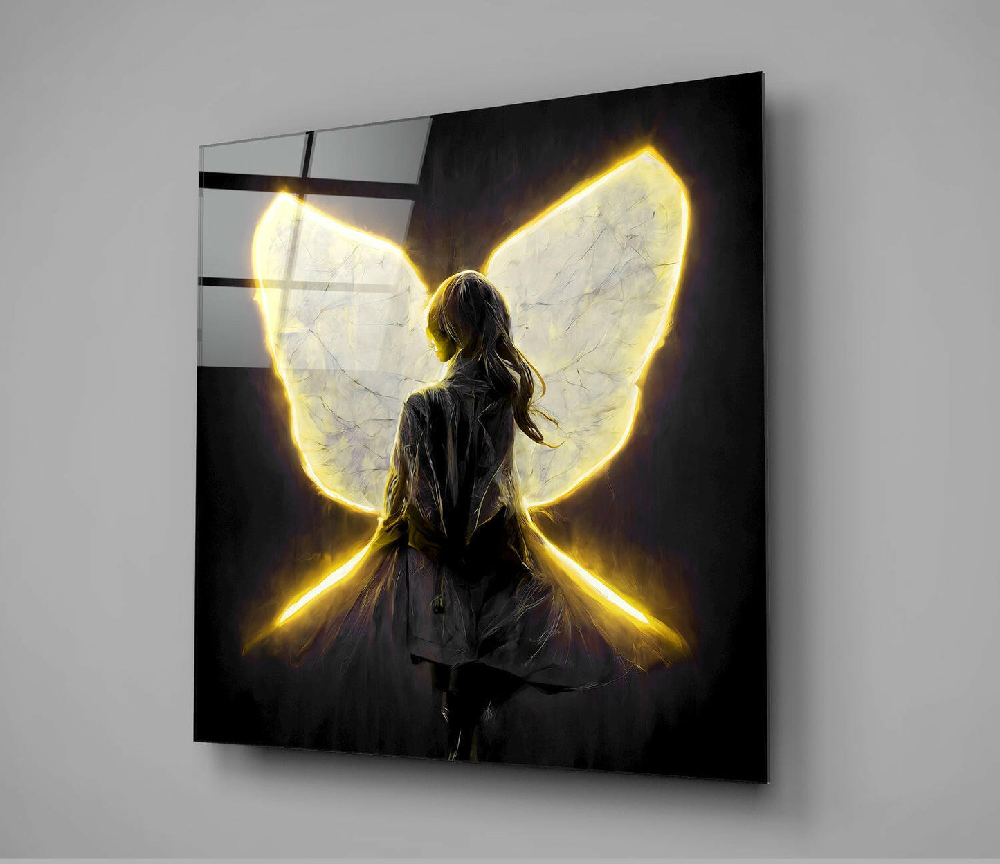 Glowing Yellow Neon Wings Girl Glass Wall Art