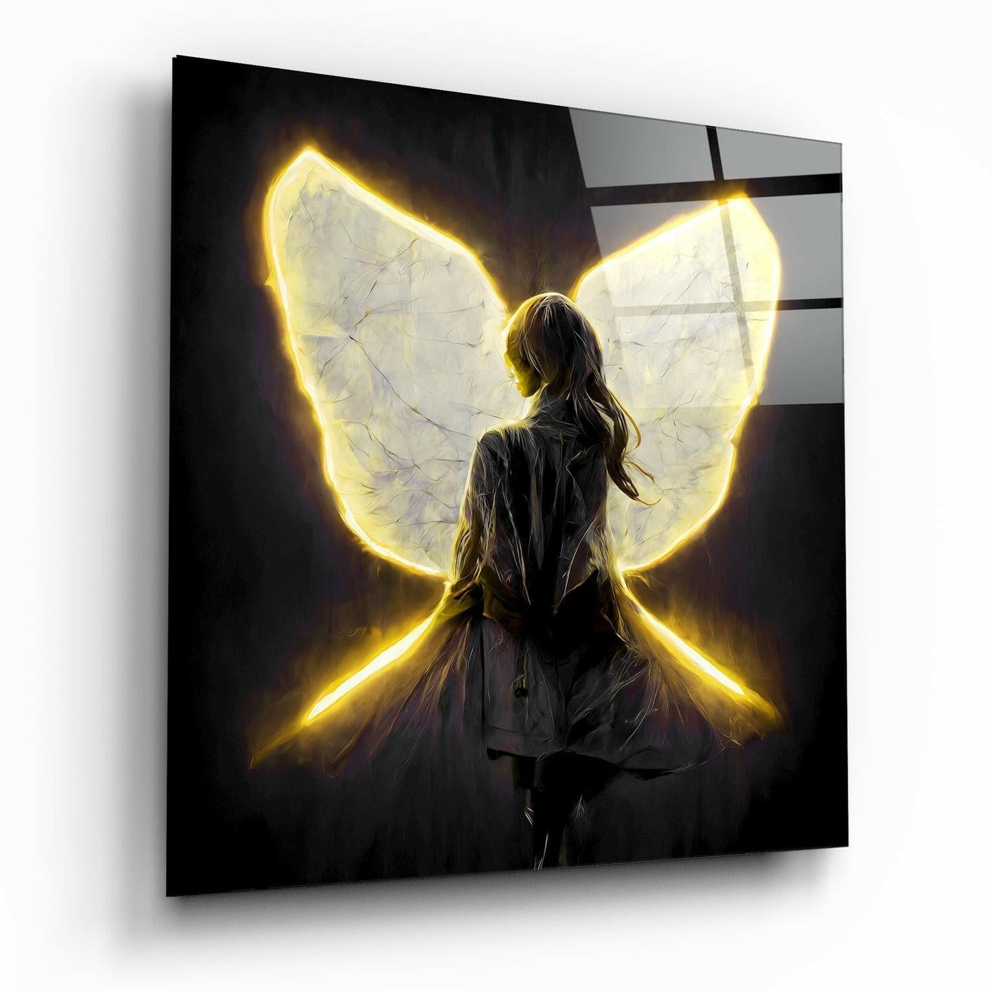 Glowing Yellow Neon Wings Girl Glass Wall Art