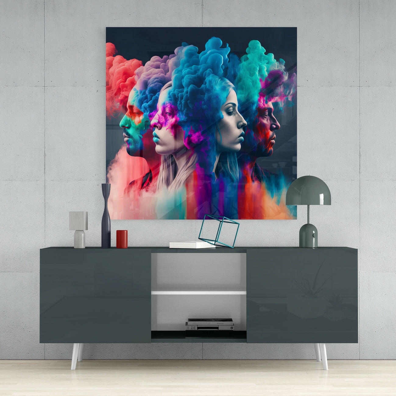 Four Profiles Coral Blue Smoke Clouds Glass Wall Art