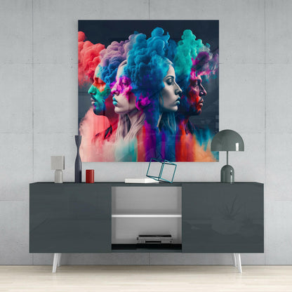Four Profiles Coral Blue Smoke Clouds Glass Wall Art