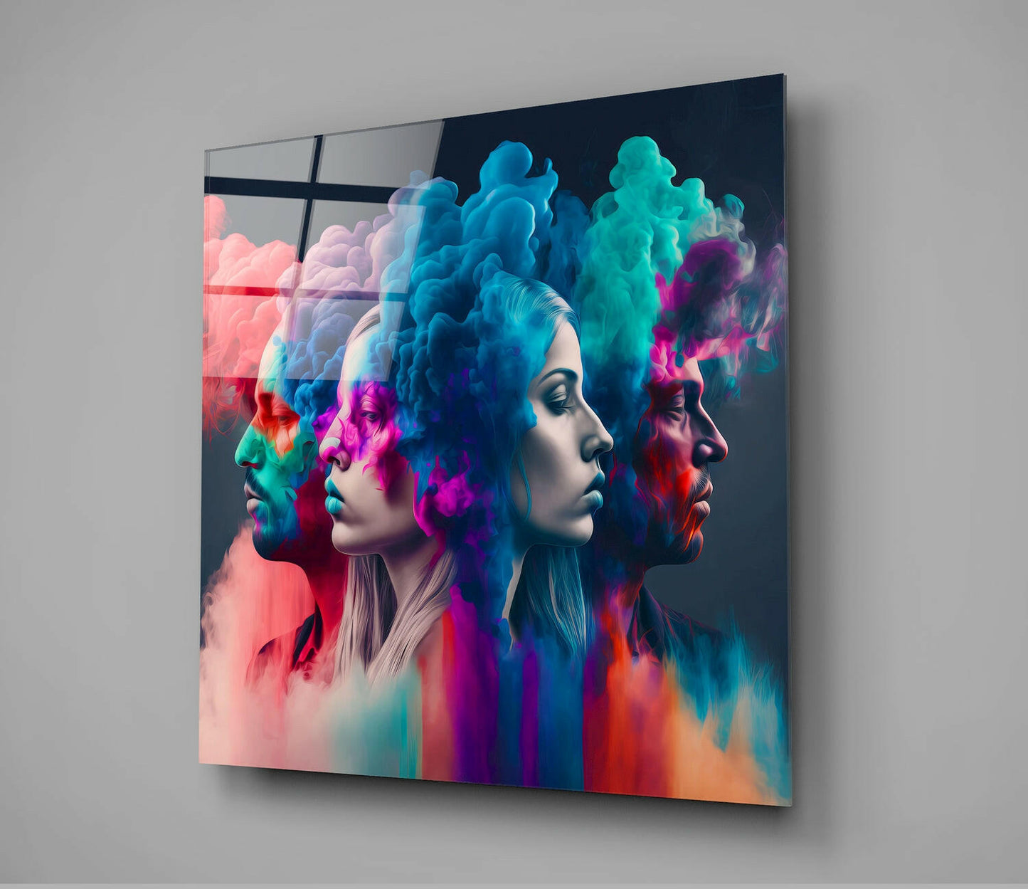 Four Profiles Coral Blue Smoke Clouds Glass Wall Art