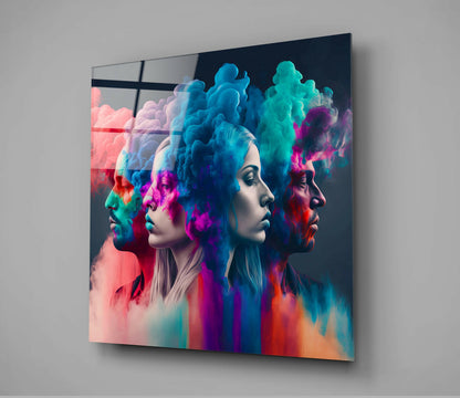 Four Profiles Coral Blue Smoke Clouds Glass Wall Art