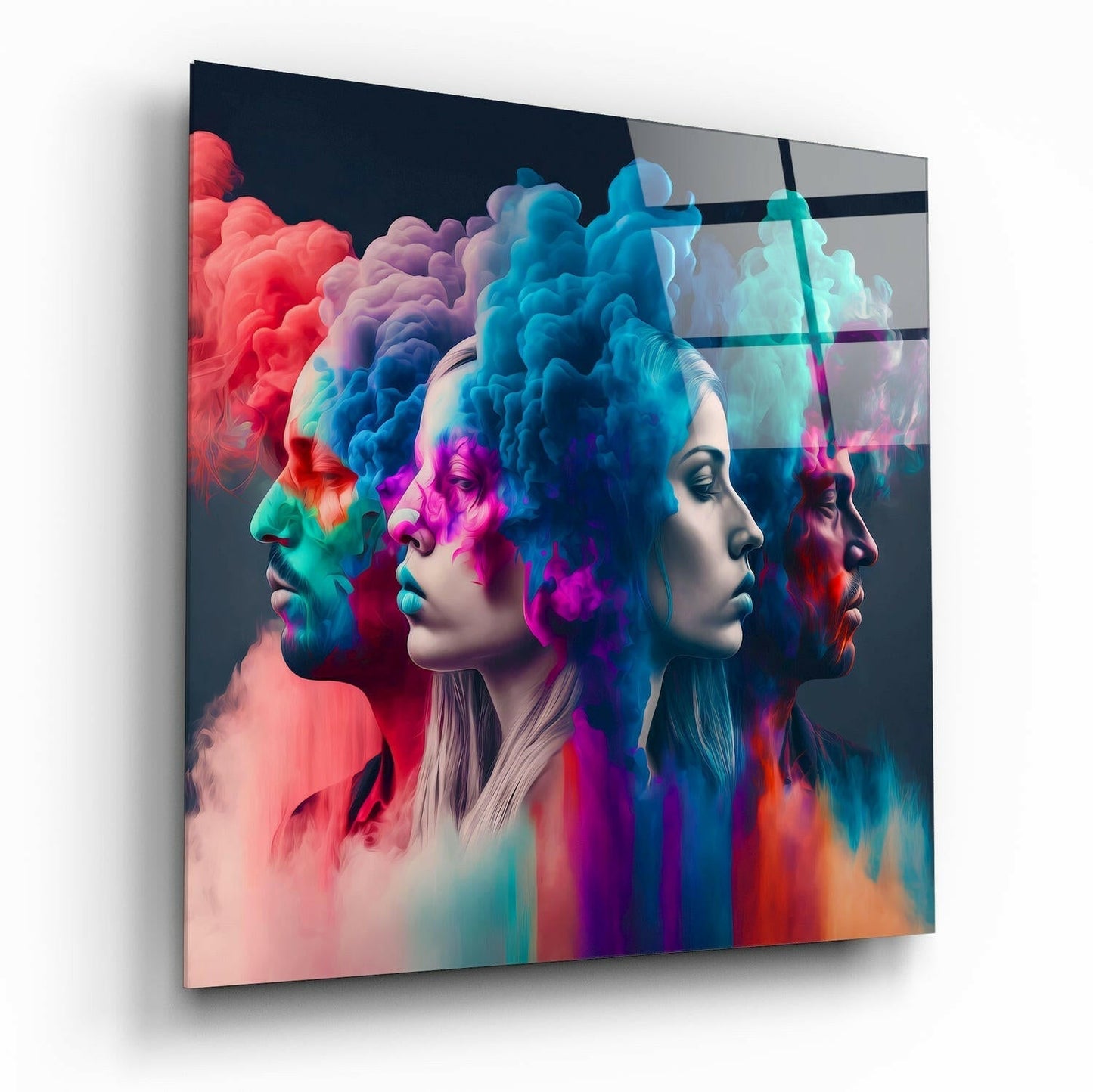 Four Profiles Coral Blue Smoke Clouds Glass Wall Art